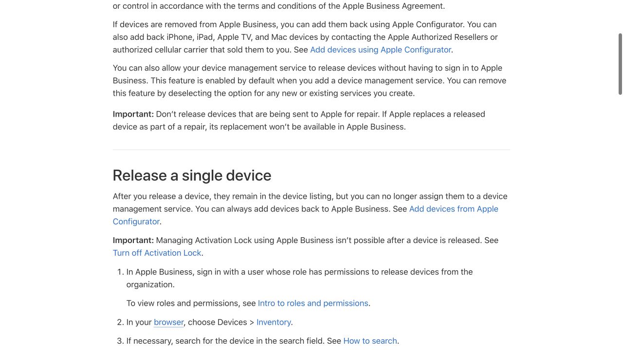 조직 해제 후 Apple Business에서 활성화 잠금을 관리할 수 없다는 안내.