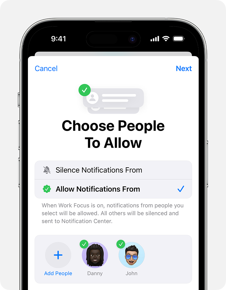 허용할 연락처를 고르는 집중 모드 화면. iOS 17 영문 공식 예시. 출처: Apple, https://support.apple.com/ko-kr/108274
