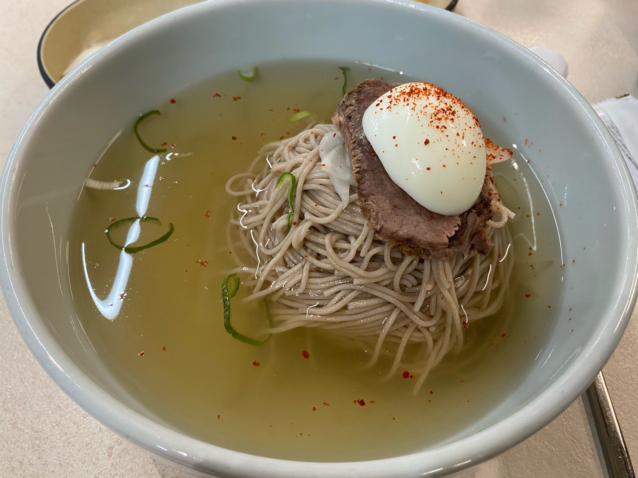대파와 고춧가루 및 달걀 고명이 올라간 옥돌현옥 순메밀 물냉면