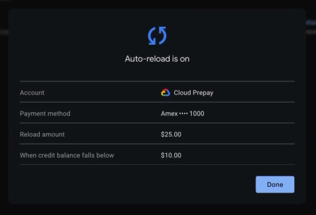 잔액 $10 미만이면 $25를 자동 충전하도록 설정한 시연 화면.