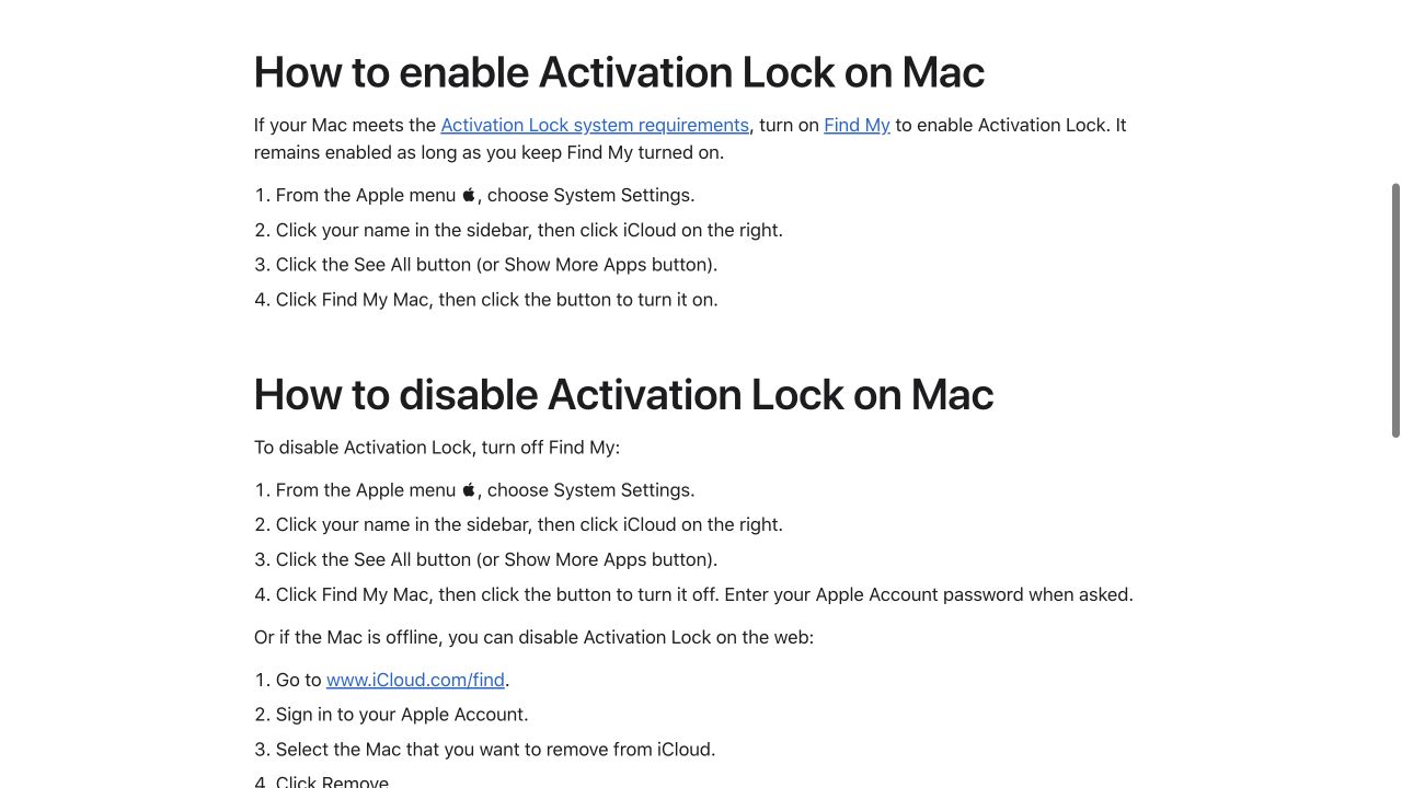 나의 Mac 찾기를 끄는 공식 절차.