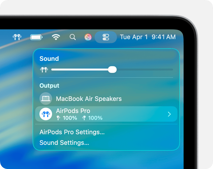 AirPods Pro를 소리 출력 기기로 선택한 제어 센터. 공식 예시.