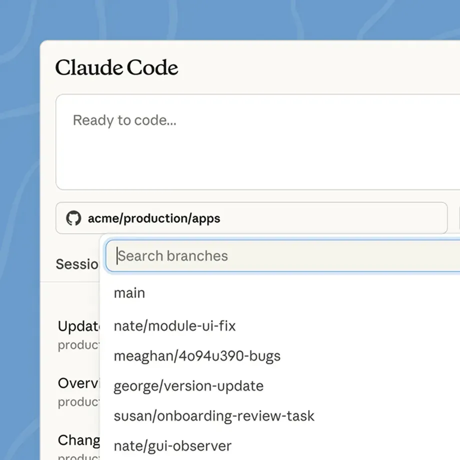 Claude Code 웹의 브랜치 선택 화면. 새 작업을 시작할 때 저장소와 작업할 브랜치를 고른다.