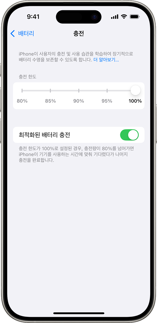 충전 한도 100%와 최적화 기능이 함께 켜진 공식 예시.