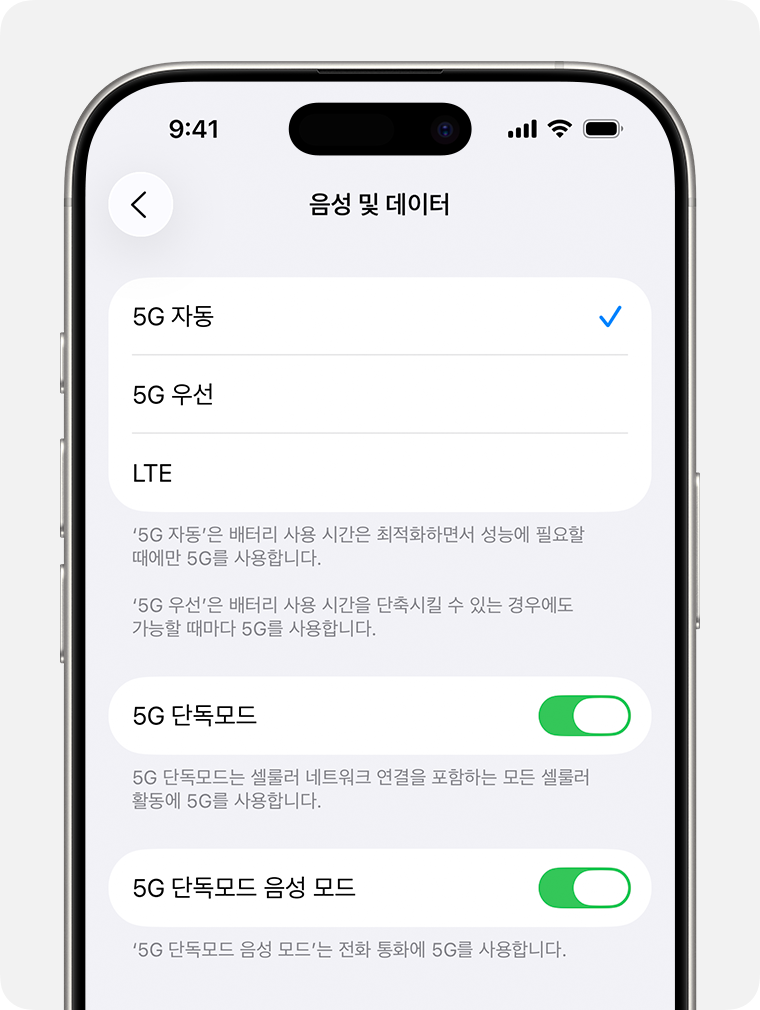 iOS 26의 ‘음성 및 데이터’ 공식 예시. 5G 자동은 연결 지원과 별개다.