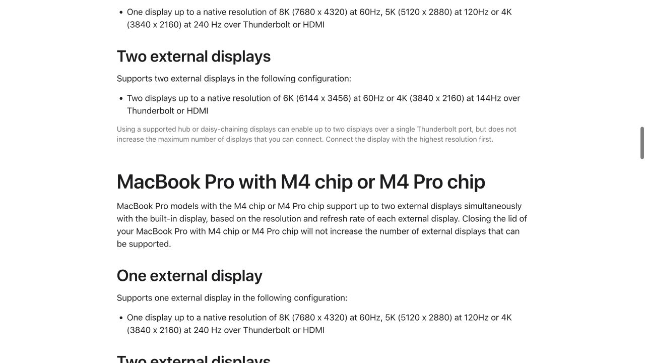 M4·M4 Pro MacBook Pro의 외부 화면 지원 조건을 설명한 Apple 문서.