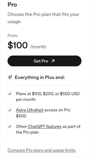 월 $100·$200·$500 옵션을 안내하는 공식 Pro 가격 카드.
