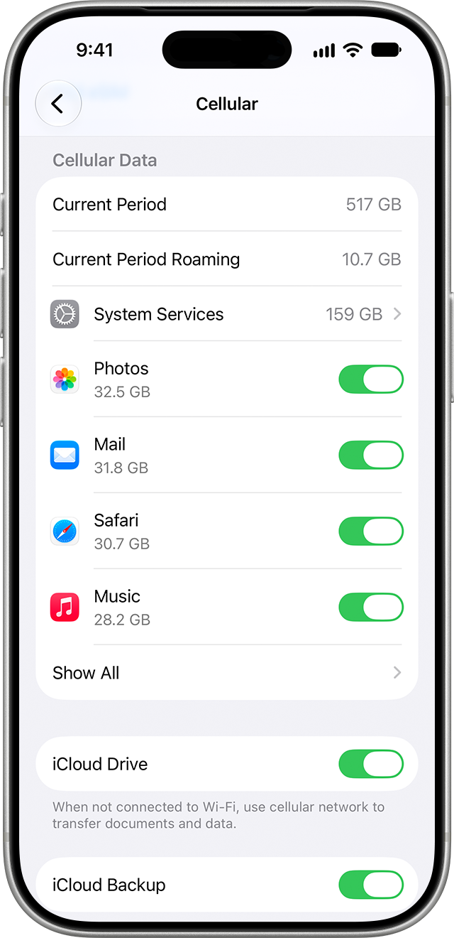 iOS 27 셀룰러 사용량의 영문 공식 예시. 표시된 숫자는 실제 측정 결과가 아니다.