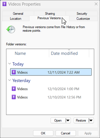Microsoft Windows 파일 히스토리에서 이전 버전을 선택하는 화면.