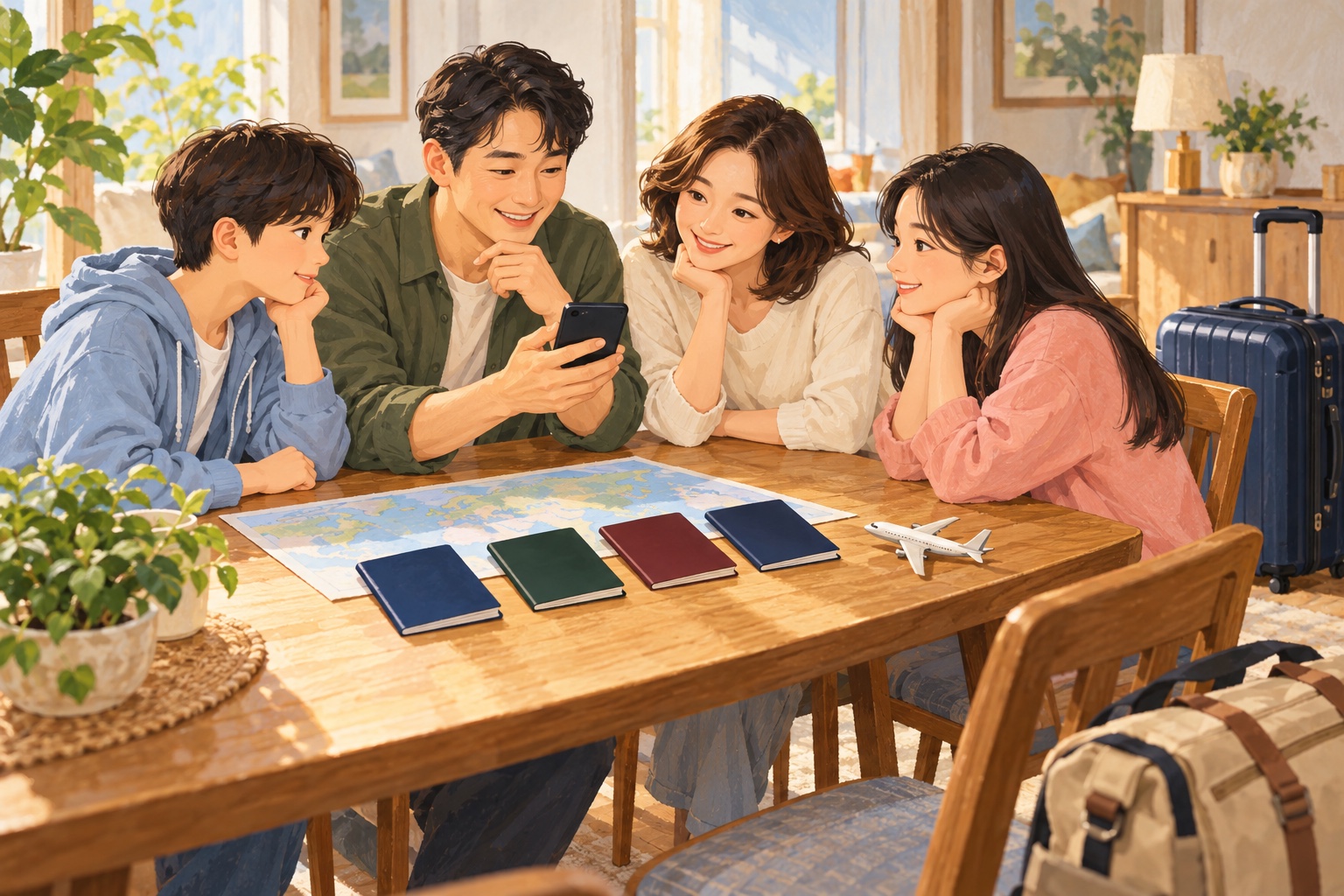여권과 짐을 챙기며 네 사람의 여행 준비를 함께 살펴본다.