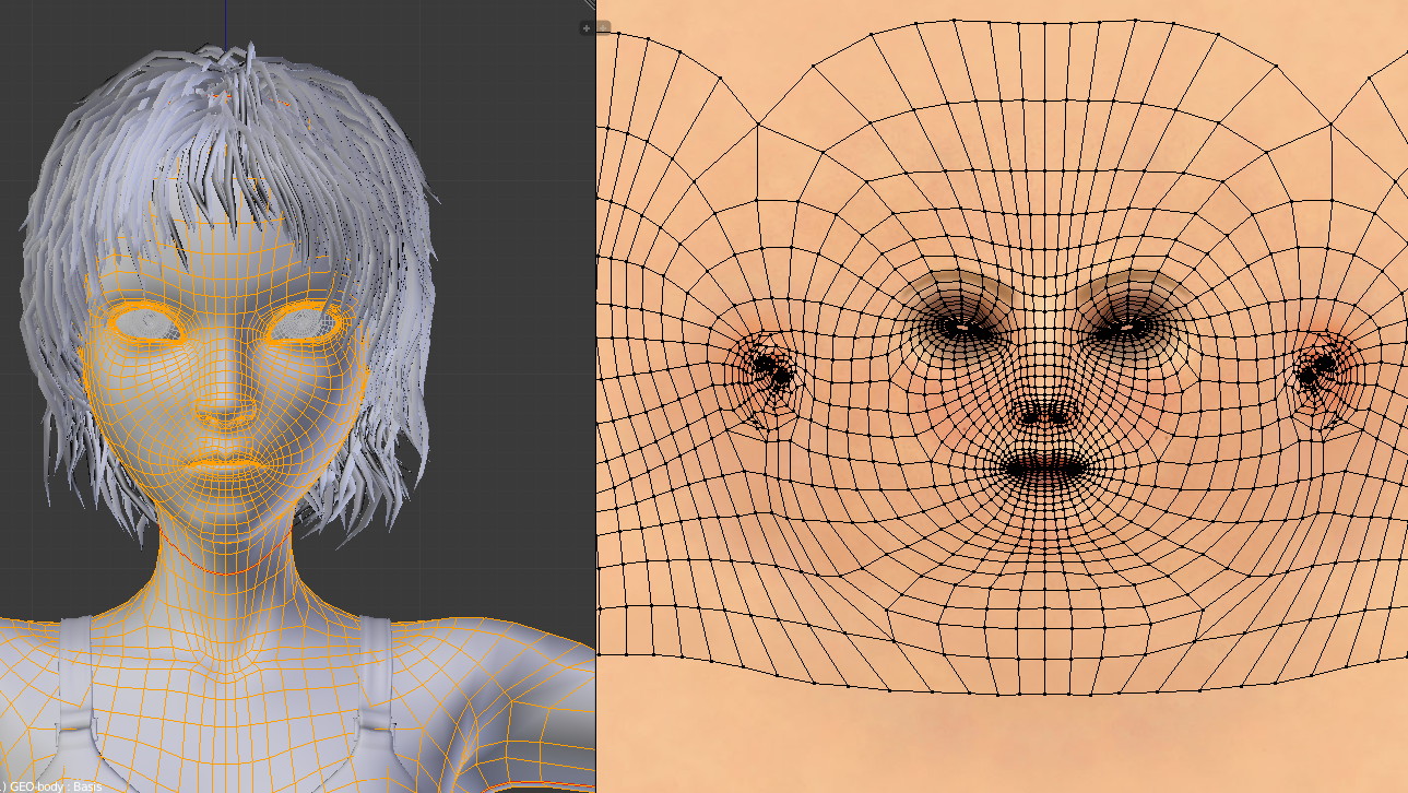 인물 모델의 표면을 펼쳐 텍스처를 입히는 Blender 공식 UV 작업 화면.