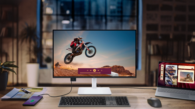 Dell S2725QC의 책상 배치. Dell 제공, 화면 시뮬레이션.