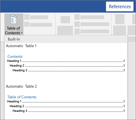 Microsoft Word 공식 도움말의 자동 목차 선택 화면.