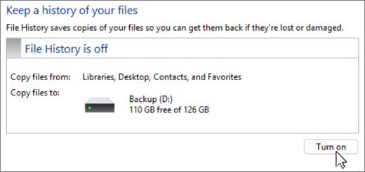 Microsoft Windows 파일 히스토리의 백업 드라이브 설정 화면.