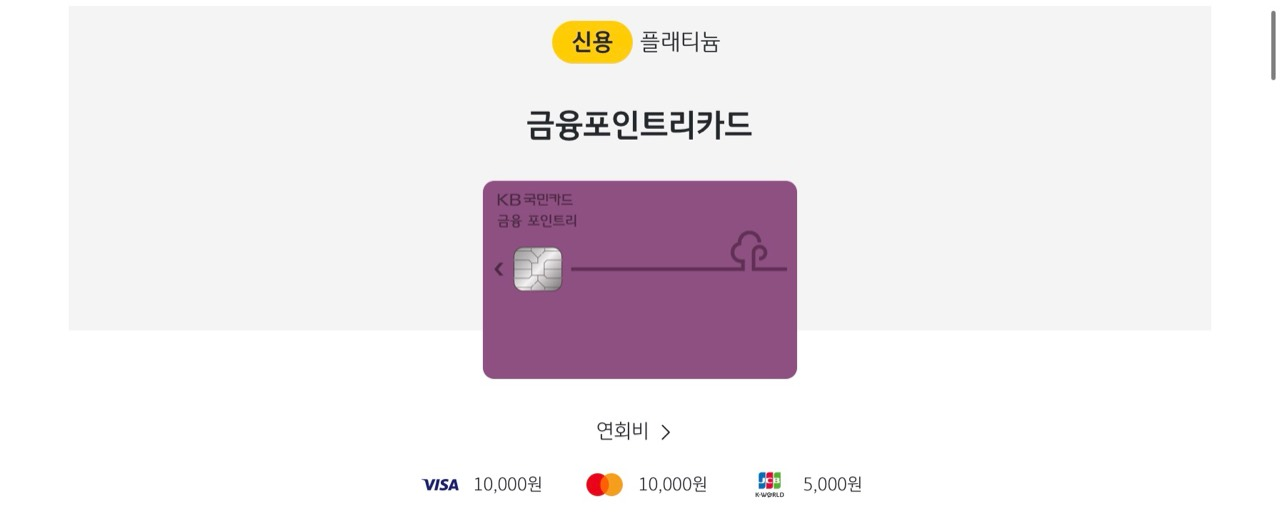 일반 금융포인트리카드의 상품 화면과 브랜드별 연회비.