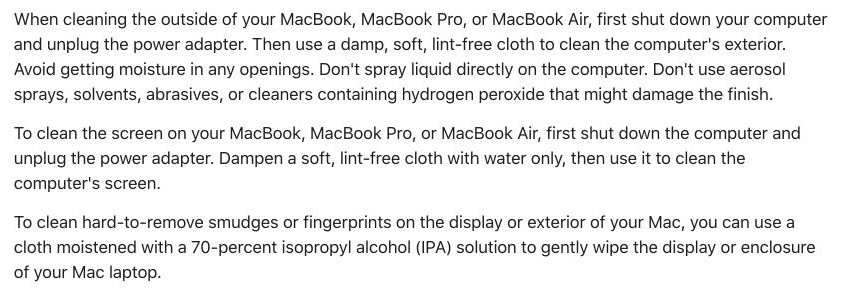 Mac 노트북 청소 방법을 설명한 Apple 안내.
