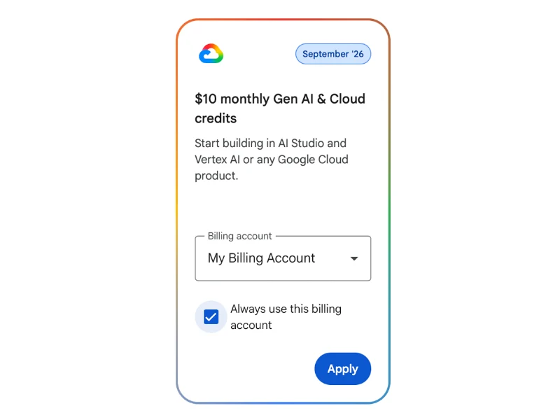 월 $10 Cloud 혜택의 적용 계정과 Always use this billing account를 선택하는 장면