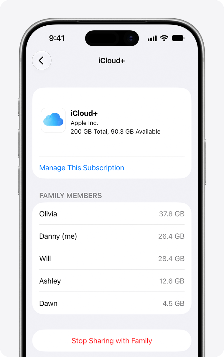 가족별 iCloud 사용량 · 200GB 공유 요금제 화면