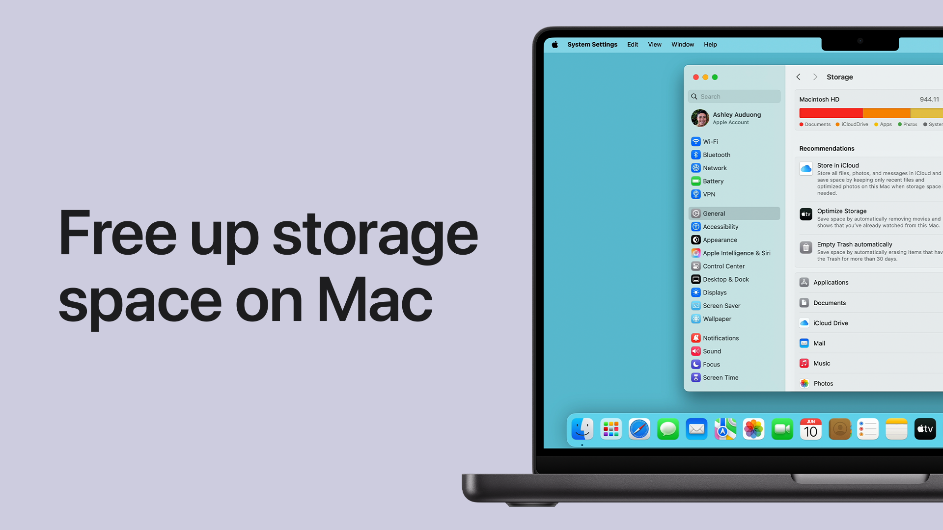 Apple의 저장 공간 안내 화면. 구버전 macOS 예시.