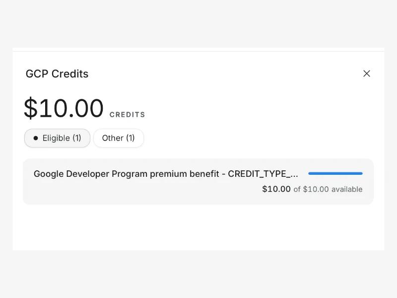 GCP Credits $10.00과 Eligible·Other 탭이 표시된 공식 튜토리얼.