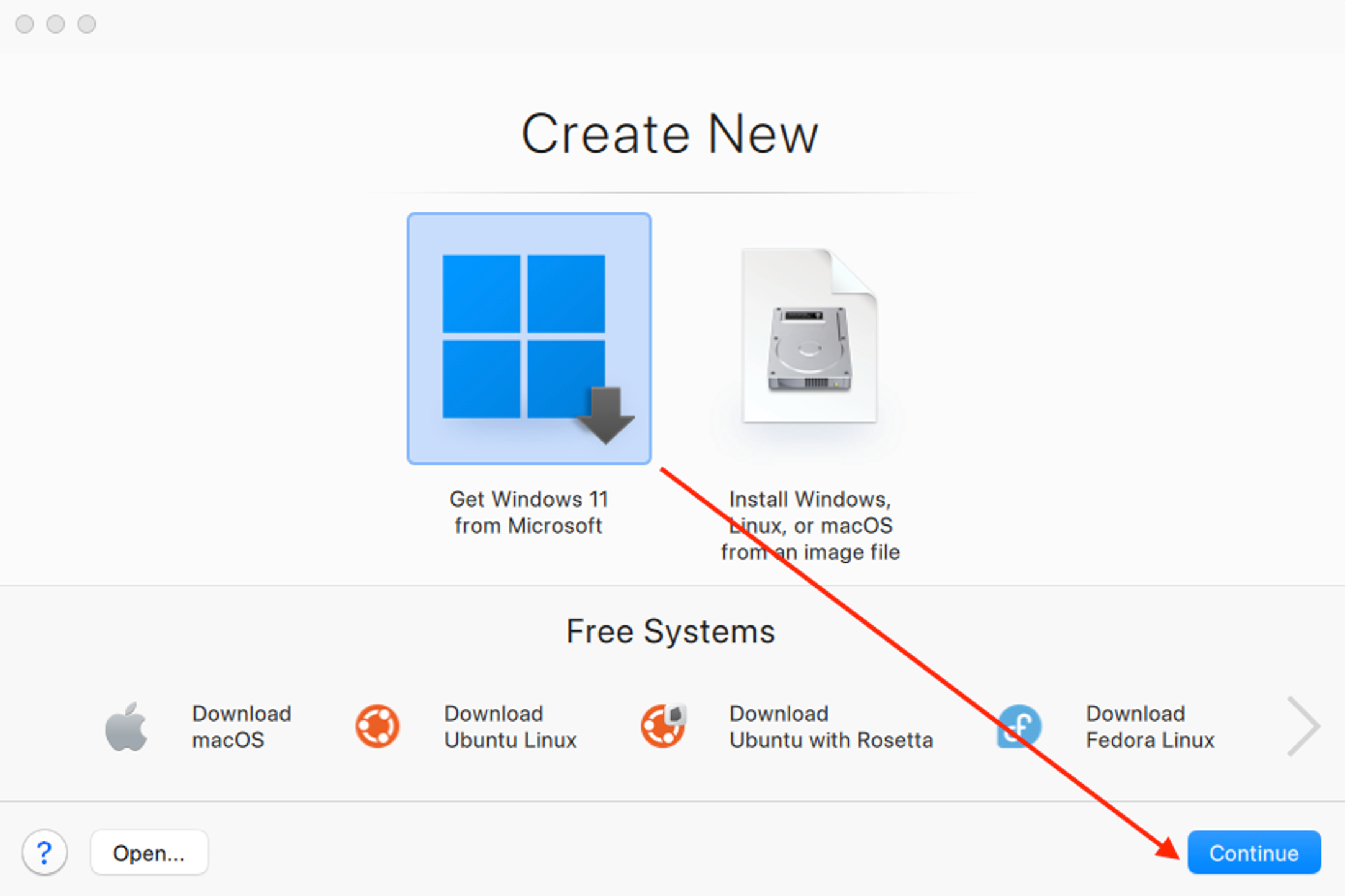 Windows 11을 추가하는 Create New 화면. 공식 설치 예시.